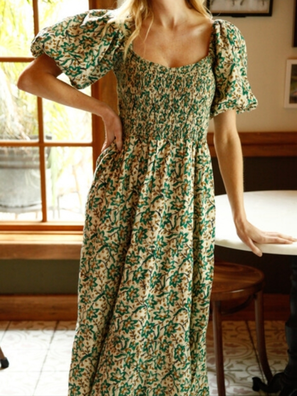 Anna Cate Mae Cotton Midi Dress M Green Garden Floral Balloon Sleeves Smocked
